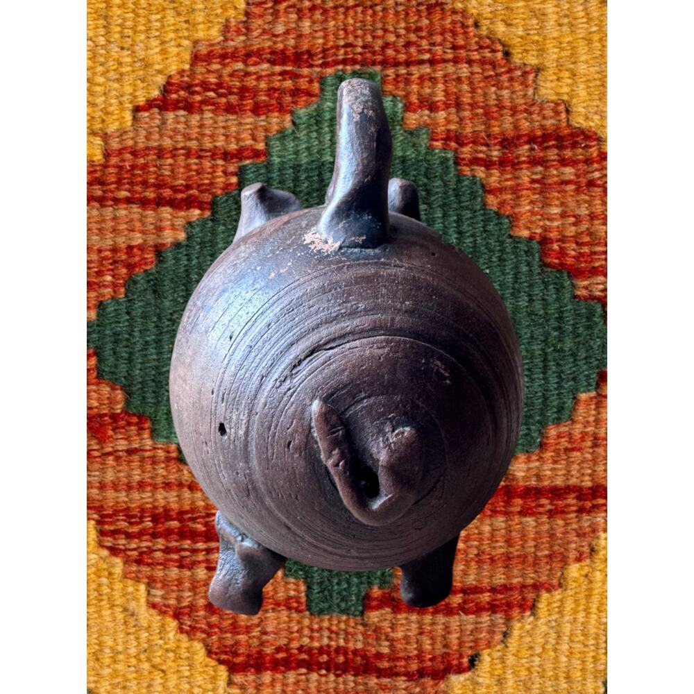 Vintage Mexican Folk Art Terracotta Piggy Bank with Handle 5” Brown Pottery - Picture 4 of 8